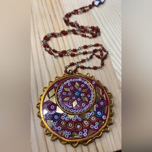 Vintage red seed Bead & Gold Mirrored Inlay Indinia Pendant Necklace
